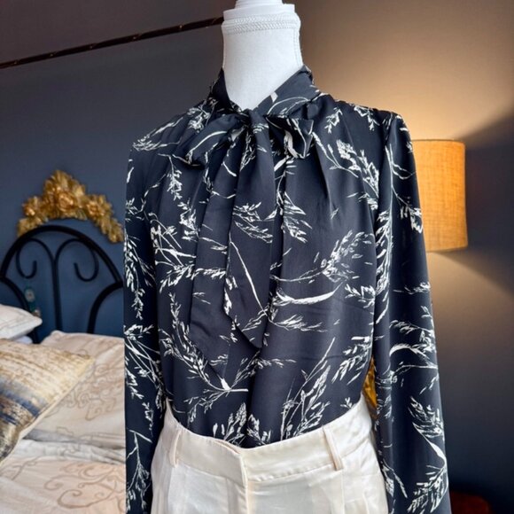 Black with Cream Plant Print Blouse - Picture 1 of 12